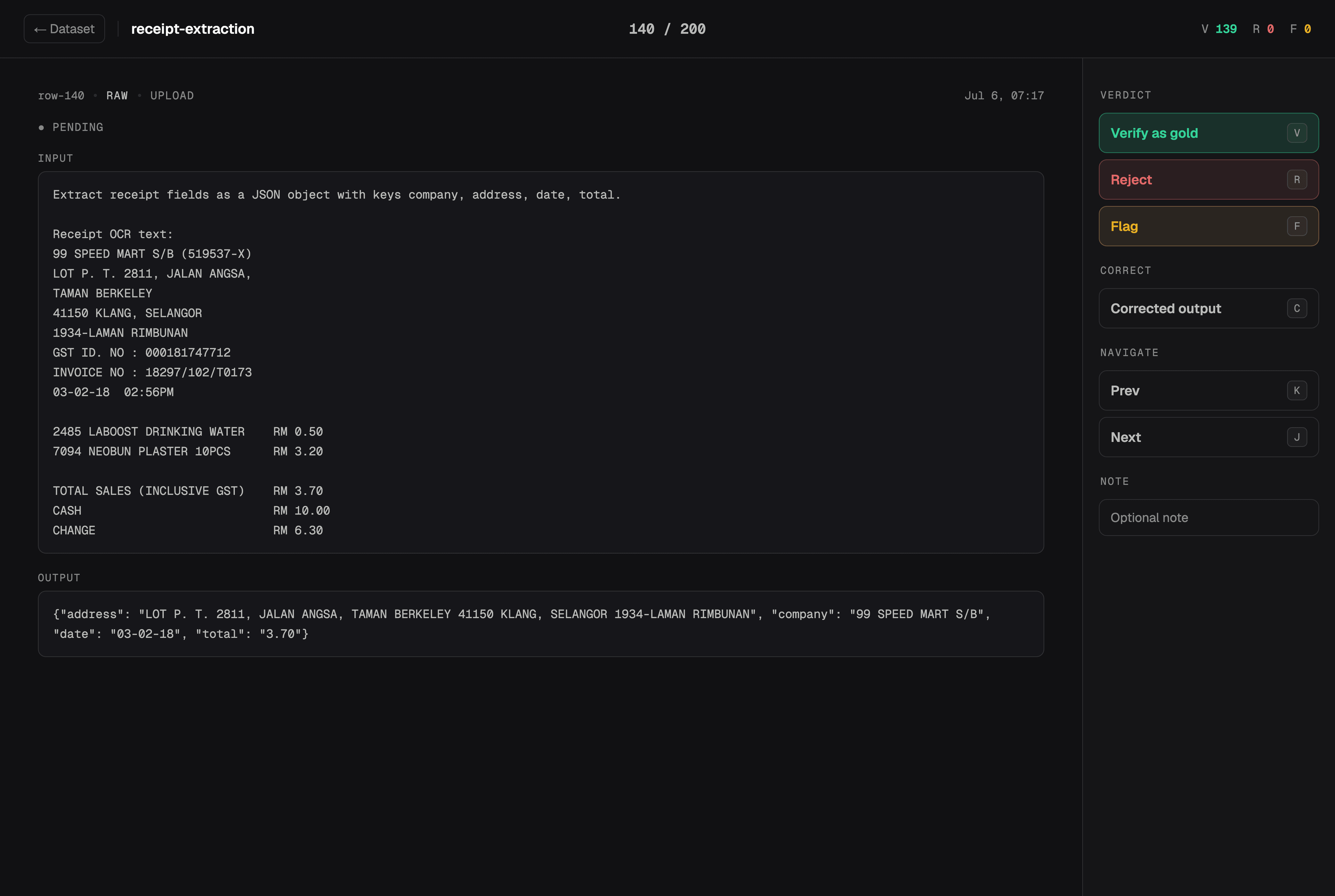 Apprentice console Review queue: a dataset row pending verdict with Verify as gold, Reject, Flag, and Corrected output controls, session at 140 of 200 rows with 139 verified