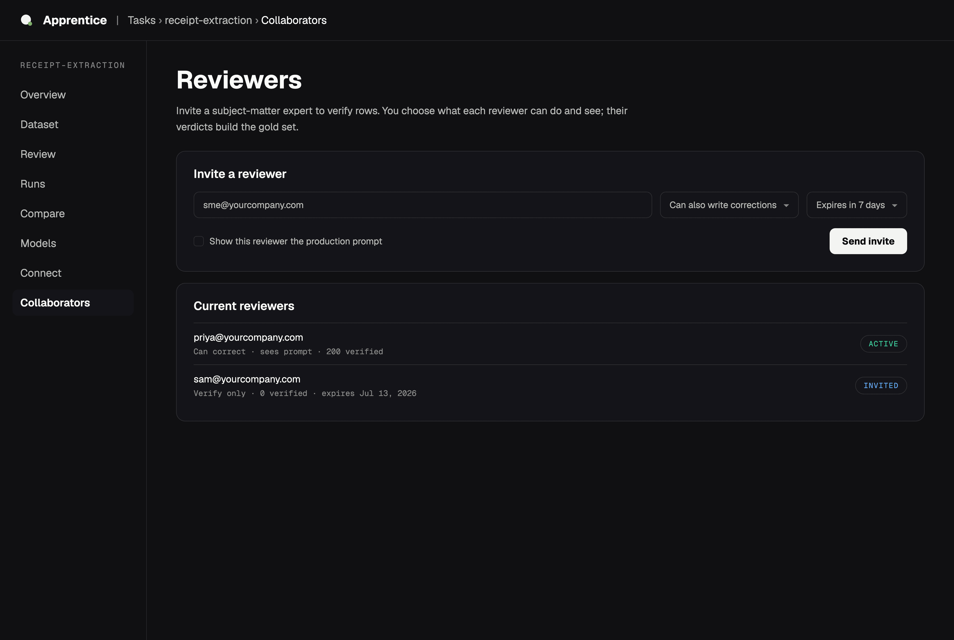 Apprentice console Reviewers page: invite a subject-matter expert by email with per-reviewer permissions, prompt visibility, and expiry, above a list of current reviewers with one active reviewer who verified 200 rows